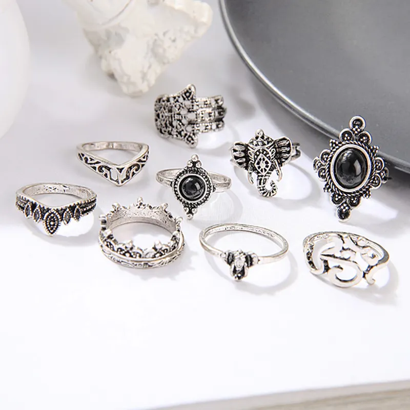 Wholesale 2021 Trendy Antique Silver Hamsa Hand Wave Crystal Jewelry Customized Men Women Simple Fashion Rings anillos de mujer