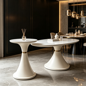 Table à manger ovale moderne en pierre frittée, base en forme de sablier blanc crème avec bordure dorée, mobilier de salle à manger pour la maison, l'hôtel et le restaurant - Product Image 3
