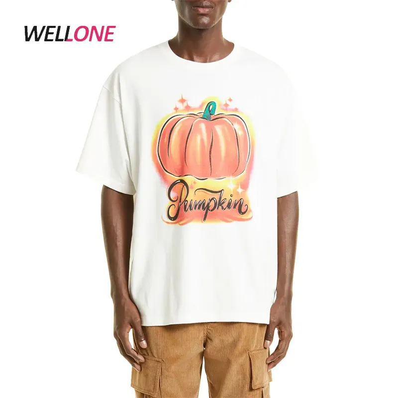 Wellone Men's White 260gsm Cotton Oversized Boxy Loose Fit Halloween Tshirts Custom Pumpkin Printed Hem Clothing