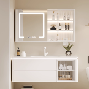 Combinación de Mueble de Baño de Madera Maciza con Lavabo Integrado de Cerámica y Espejo LED para Hogar y Hotel, Tocadores de Baño Modernos - Product Image 2
