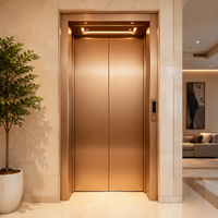Ascenseur de villa de luxe en or rose gravé de motifs floraux, cabine métallique cuivrée, portes à treillis diamanté, plafond LED, 3 personnes