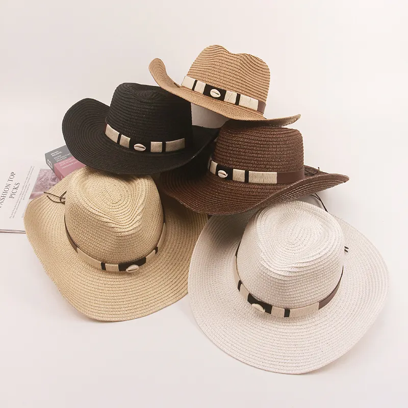 Women Western Summer Cowboy 100% Paper Straw Hat Mens Custom Wide Brim Shell Bands Beach Sun Hats