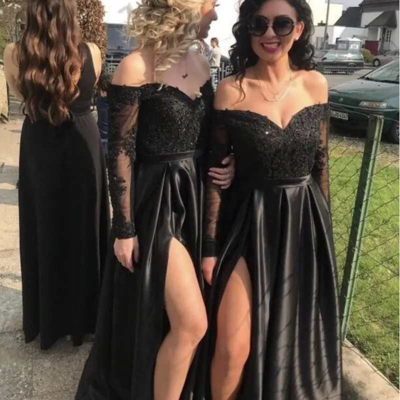 Formal Prom Evening Gown Sweetheart mangas compridas alta fenda Sexy preto longos vestidos de noite