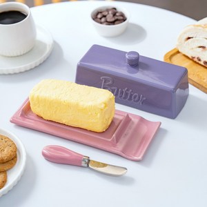 Beurrier en céramique rose et violet contrastant avec couteau, boîte de rangement pour fromage pour la maison et le restaurant - Product Image 2