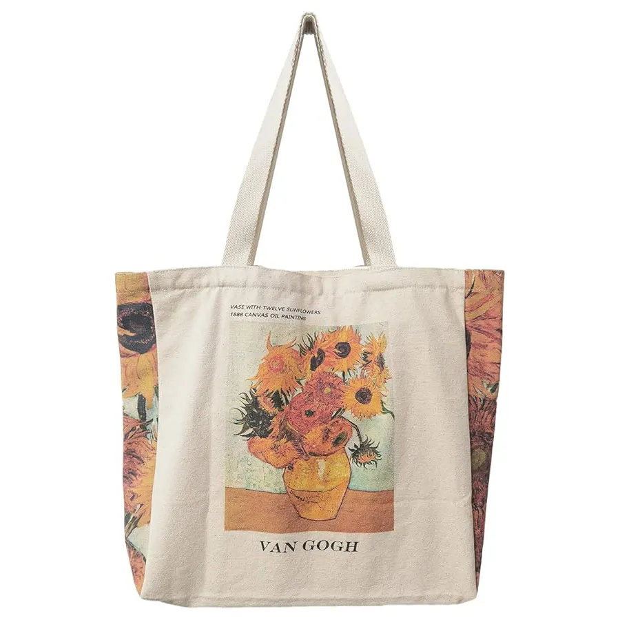 Lifestyle Van Gogh Bolsa de mão clássica de óleo para girassol, bolsa de algodão com zíper e um ombro, popular, bolsa de compras