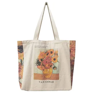 Borsa di tela di cotone con cerniera monospalla con cerniera a spalla borsa per Shopping Lifestyle Van Gogh classica con pittura a olio di girasole