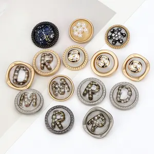 Fashion letter button with stone diamond encrusted pearl buttons for coat suit decoration wholesale alloy letters buttons