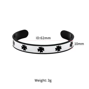 Mode Ouvert Trèfle À Quatre Feuilles Émail Manchette Bracelet Plaqué Or En Acier Inoxydable 18K Noir À La Mode Unisexe Bracelet