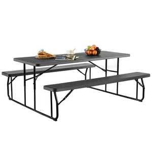 Table de pique-nique pliante de 6 pieds avec banc, plateau en plastique noir et pieds en métal, ensemble de table pliante d'extérieur - Product Image 1