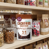 Sachet Doypack Personnalisé avec Logo Imprimé, Fenêtre Transparente et Fermeture Zip Refermable, Sac Haute Barrière de Qualité Alimentaire pour Fèves de Cacao Biologiques