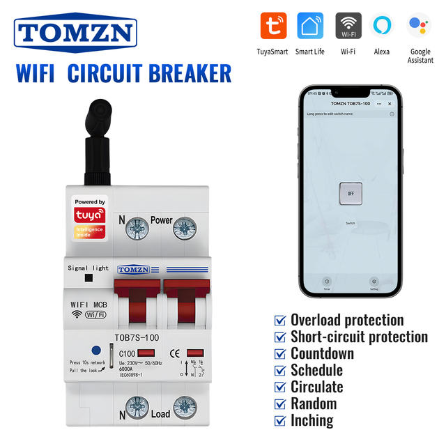 TOMZN 2P WIFI Smart Circuit Breaker 230V AC 1-100A Overload Protection Short-circuit Breaker Timer Switch Din Rail Smartlife
