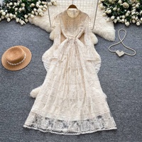 Robe longue décontractée pour femme, élégante, en dentelle brodée, à manches longues, coupe trapèze, avec cordon de serrage à la taille, pour tous les jours et les soirées