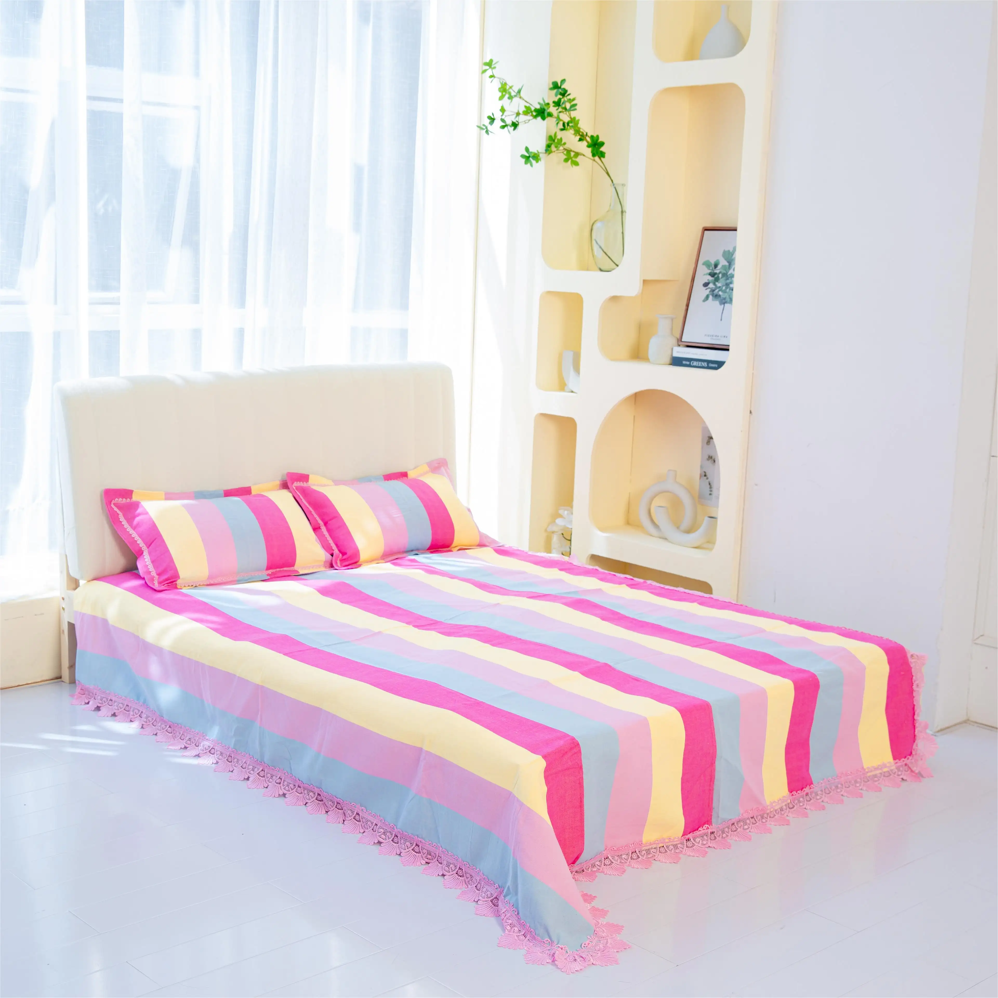 WINATURE all'ingrosso lenzuola morbide Vintage a righe Color arcobaleno Set di biancheria da letto Queen Size unico