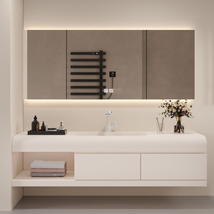 Meuble-lavabo minimaliste crème <span class=keywords><strong>avec</strong></span> vasque intégrée en pierre acrylique, <span class=keywords><strong>miroir</strong></span> LED intelligent/armoire-lavabo - Product Image 1