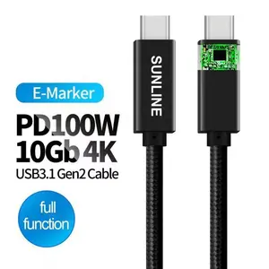 SUNLINE USB CtoC כבל 10Gbps USB 3.2 Gen2 סוג C 100W תשלום מהיר 5A כוח משלוח 4K @ 60Hz וידאו עם E-MARK IC עבור Macbook