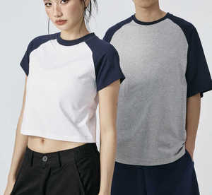 Couleur personnalisée Bloqué Épaule Manches Courtes Couple T-shirt Crop Top À Manches Courtes Tshirt - Product Image 2