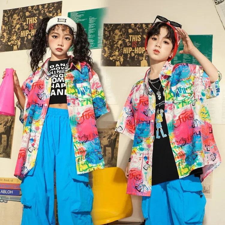 Hiphop baju Hip Hop anak lelaki perempuan, fashion kostum dansa jazz lengan pendek musim panas