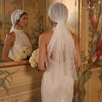 YouLaPan Voile de mariée élégant à capuche avec perles, dentelle et appliques florales, longue traîne à pampilles de perles, accessoire de tête de mariée VA33