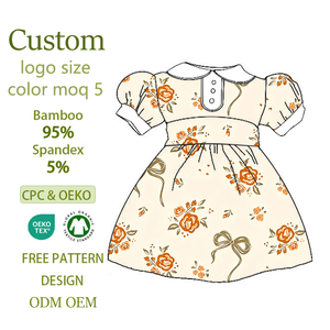Robe tendance et abordable pour enfants, col Peter Pan, imprimé floral, nœud, manches bouffantes, style décontracté - Product Image 1