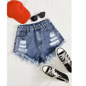 Pantaloncini da <span class=keywords><strong>donna</strong></span> in Denim strappati su misura blu <span class=keywords><strong>Jeans</strong></span> dritti larghi lavati con Logo orlo grezzo su pantaloni <span class=keywords><strong>corti</strong></span> in vita - Product Image 5