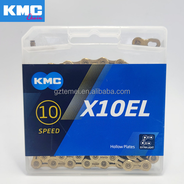 Цепь велосипедная KMC X10EL, цепь для горных велосипедов, 10 скоростей, 116L, золотисто-серебристая