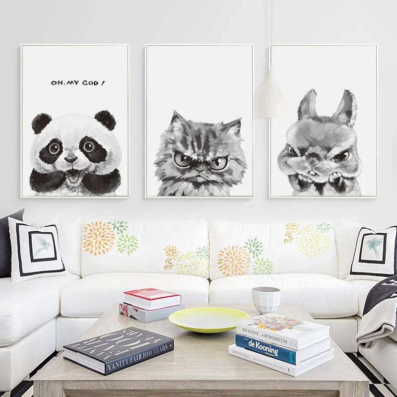 Black and White Canvas Painting Cartoon Animal Cat and Dog Panda Expression Pack Wall Art Poster Modern Print