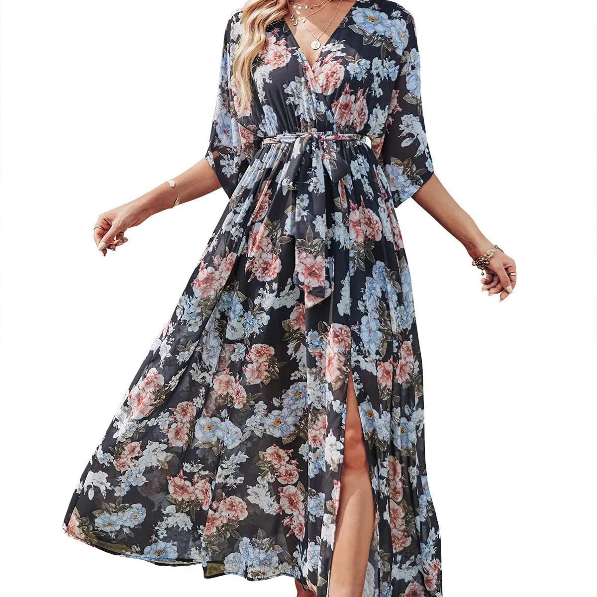 Summer Women's Clothing New Loose V-neck Solid Color Dress Waist Slimming Casual Elegant Dress