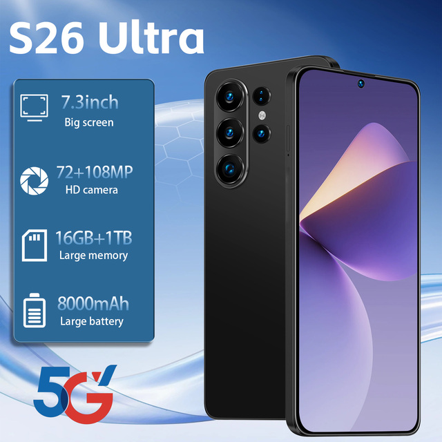 Face Recognition Unlock S26 Ultra 5G LTE CDMA Android 15 Smartphone 7.3-inch HD LCD 120Hz Screen 16GB RAM+1TB French/German