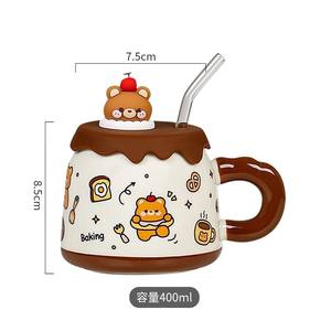Taza de cerámica Creative Bear con tapa y pajita, diseño de dibujos animados en rosa y marrón, para café, leche, desayuno, tazas para parejas - Product Image 5