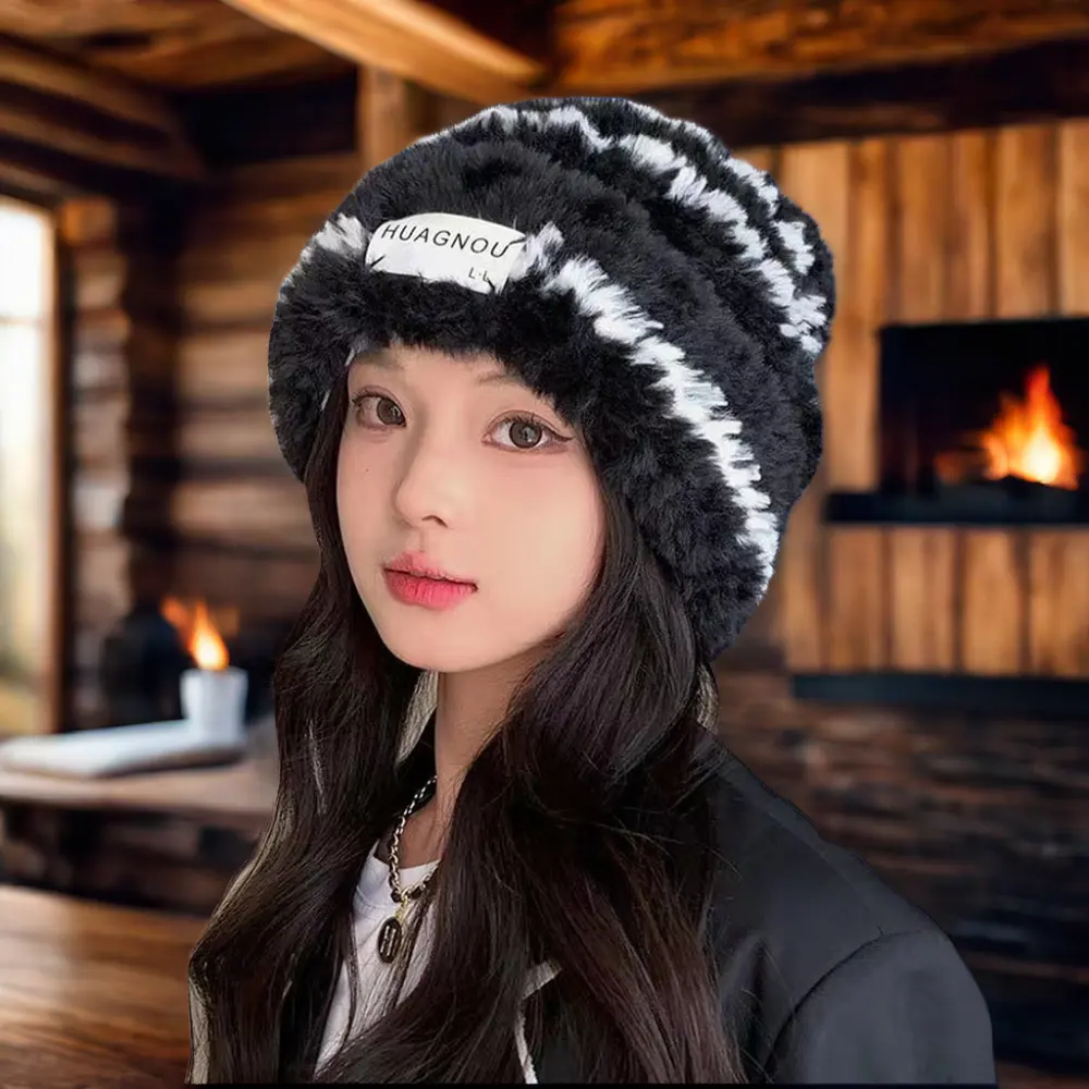 Gorro de punto de lana de alta calidad Unisex para mujer, gorro de felpa blanco cálido con diseño de Punta cerrada para Otoño Invierno para cabezas grandes