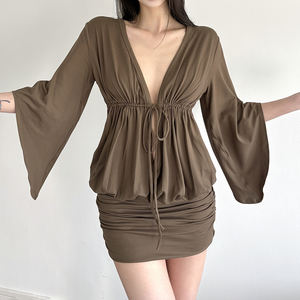 Vestido de Fiesta Ajustado con Cuello en V y Manga Murciélago para Mujer, con Lazo en la Cintura, Venta al por Mayor de Moda - Product Image 4