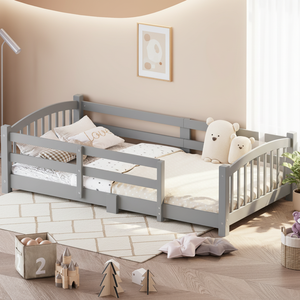 Lit de sol pour enfants gris, avec barrières de sécurité tout autour sans porte, design Montessori adapté aux chambres d'enfants - Product Image 1