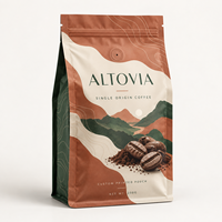 Sachet d'emballage personnalisé à soufflets latéraux pour grains de café d'origine unique avec valve de dégazage, fermeture éclair refermable et film haute barrière