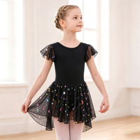 Justaucorps de ballet pour filles à manches volantées, jupe imprimée étoiles et lunes, tenue de danse pour tout-petits en spandex respirant pour la pratique et les récitals