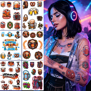 Tatuajes Temporales No Tóxicos de Oktoberfest, con Diseños de Jarra de Cerveza, Barril, Pretzel, Acordeón y Corona Bávara, para Discotecas - Product Image 1