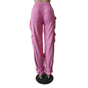 Pantaloni di Jeans dritti a vita alta di colore <span class=keywords><strong>rosa</strong></span> con tasche <span class=keywords><strong>Cargo</strong></span> da donna pantaloni Vintage in Denim 2023 nuovo stile - Product Image 2