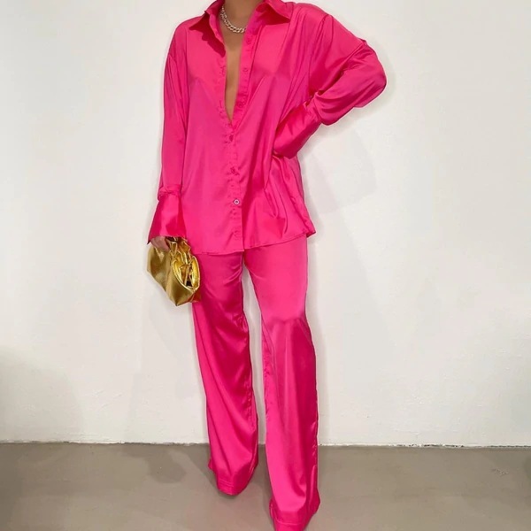 Fashion Plain Satin Casual Silk Outfits Matching Set Women 2 Two Piece Outfits Set Two Piece Pants Set