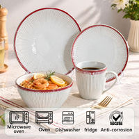 Lot de 16 pièces de vaisselle en grès blanc à bord rouge, assiettes, bols et tasses en céramique en gros