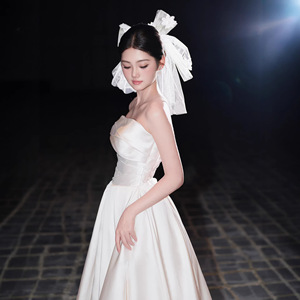 Strapless Satin Wedding Dress Natural Waist Floor Length For Brides Coming Of Age Ceremony White Simple Style - Product Image 4
