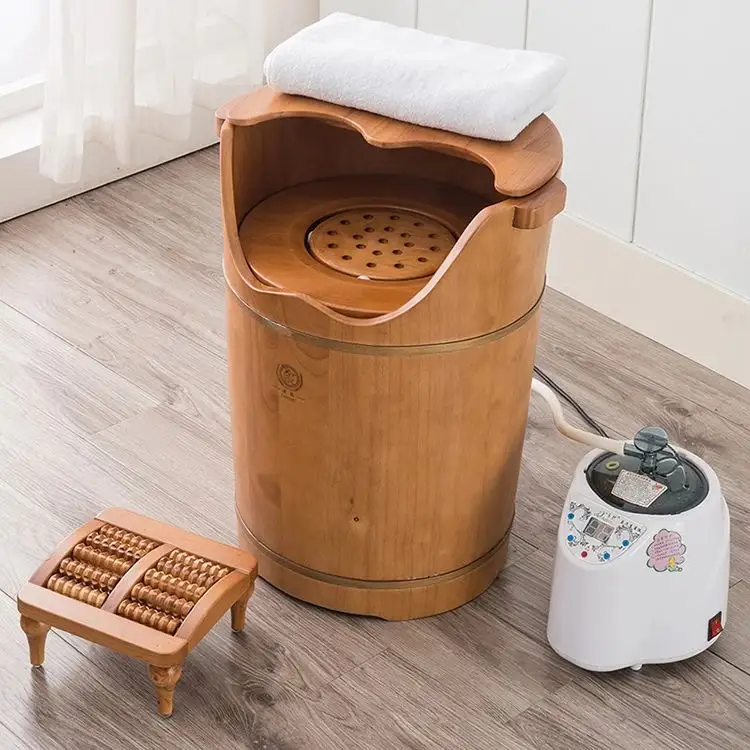 Yoni-Cabezal de vapor multifunción para pies, spa, pedicura, lavabo de baño, Cubo de madera con tapas y vaporizador