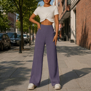 Pantalon tricoté taille haute pour femme, coupe large, couleur unie, ample, longueur complète, taille élastique, anti-plis, idéal bureau et décontracté, été - Product Image 1