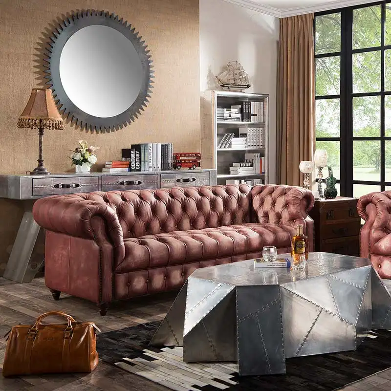 Chesterfield-sofá antiguo de cuero desgastado, sala de estar mueble para, Hotel, oficina, recepción