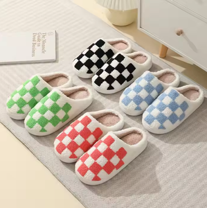 <b>Thermal</b> PVC Lining Plush Insole Fur Style Ladies Indoor Warm White Black Checkered <b>Women</b> Lattice <b>Slippers</b> - Product Image 1