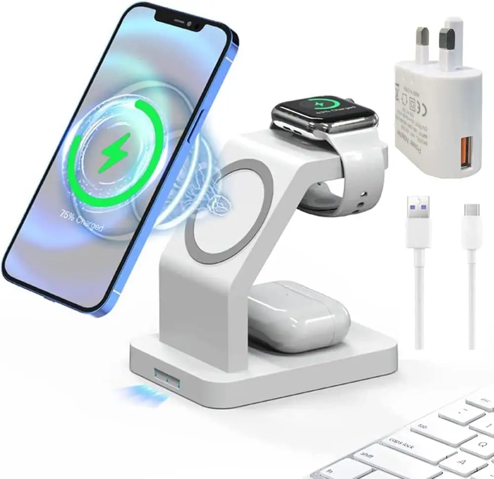 Magnetic Wireless Charger Stand, 3 in 1 Magsafe Chargers 18W Fast Charging with QC3.0 Adapter for Apple iPhone