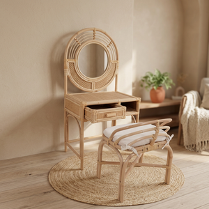 Ensemble coiffeuse et chaise en rotin pour filles, miroir de maquillage rond, meubles pour enfants, vente en gros à faible quantité - Product Image 3