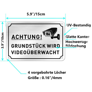 Внимание! Камера видеонаблюдения. Всепогодный алюминиевый предупреждающий знак с текстом и иконкой камеры, 15x10 см, для использования в Германии и Европе. - Product Image 2