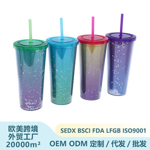 Double Walled Plastic Cup Starry Sky Gradient Light Luxury Water Cup With Straw Unisex Party Use - Product Image 3