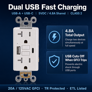 Prise GFCI BAREP 20A avec ports <span class=keywords><strong>USB</strong></span> Type A et C 5V 4.8A, auto-test, anti-effraction, homologuée ETL pour cuisine et buanderie - Product Image 3