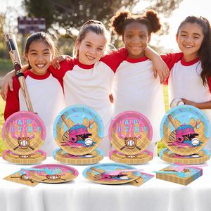 Vaisselle de fête sur le thème du baseball et de la crème glacée : Assiettes et serviettes bleues et roses pour anniversaire, camping, baby shower - Product Image 5