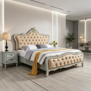 European Style Queen Size Wooden Bed <b>Frame</b> with Tufted Upholstered Headboard and Footboard Soft Faux Leather Design - Product Image 1